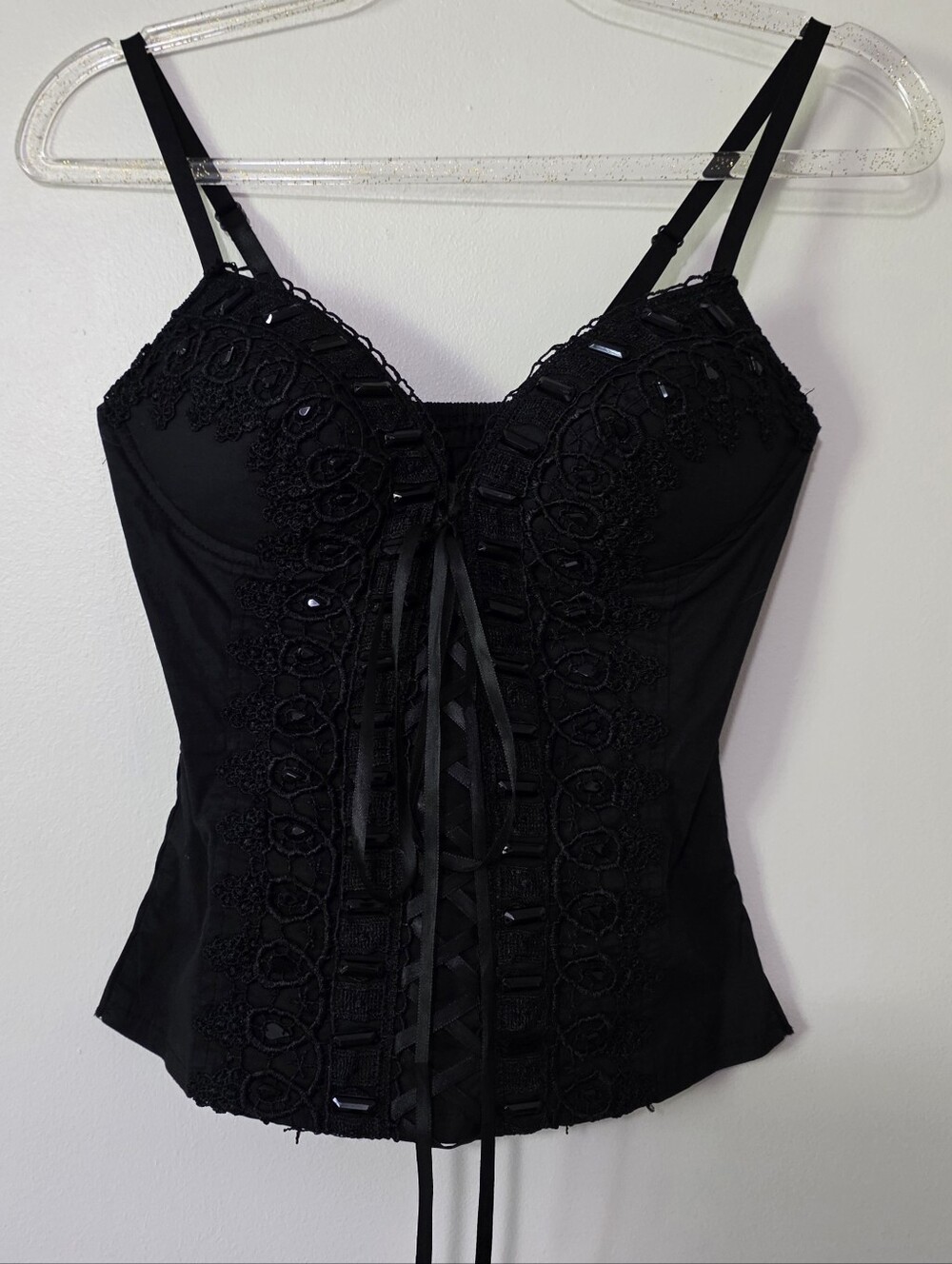 Black Corset Top Smocked Witchy Goth Boudoir Steampunk Dark Coquette Lace Small